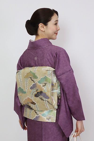 銀座【L-6673】刺繍 夏 袋帯 榛色 松と藤の図