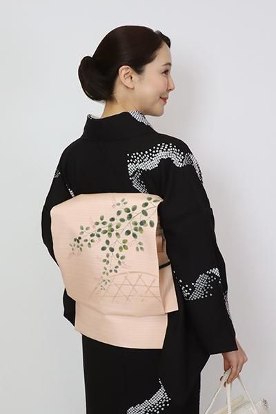 銀座【K-8856】絽塩瀬 染名古屋帯 淡い一斤染色 萩の図 - 銀座