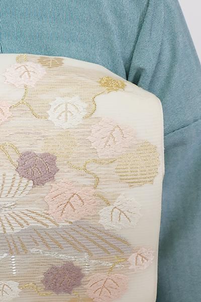 銀座【L-6671】西陣 河合美術織物製 絽 袋帯 象牙色 蔦や隠れ笠の図 