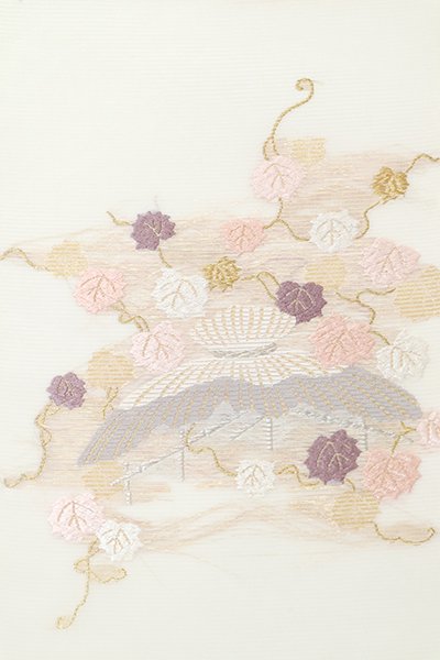 銀座【L-6671】西陣 河合美術織物製 絽 袋帯 象牙色 蔦や隠れ笠の図 
