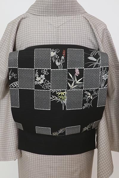 銀座【K-8888】絽塩瀬 染名古屋帯 黒色 市松に四季花文 - 銀座