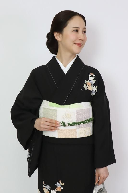 銀座【L-6708】西陣 藤原製 夏 袋帯 生成り色 市松に華文（証紙