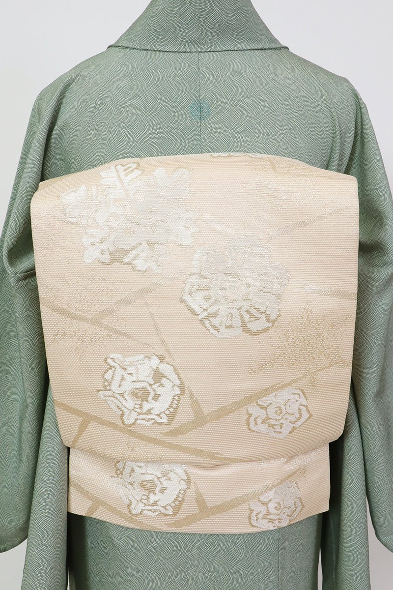 銀座【K-8898】西陣 川島織物製 絽 織名古屋帯 薄卵色 雪花文（落款入 