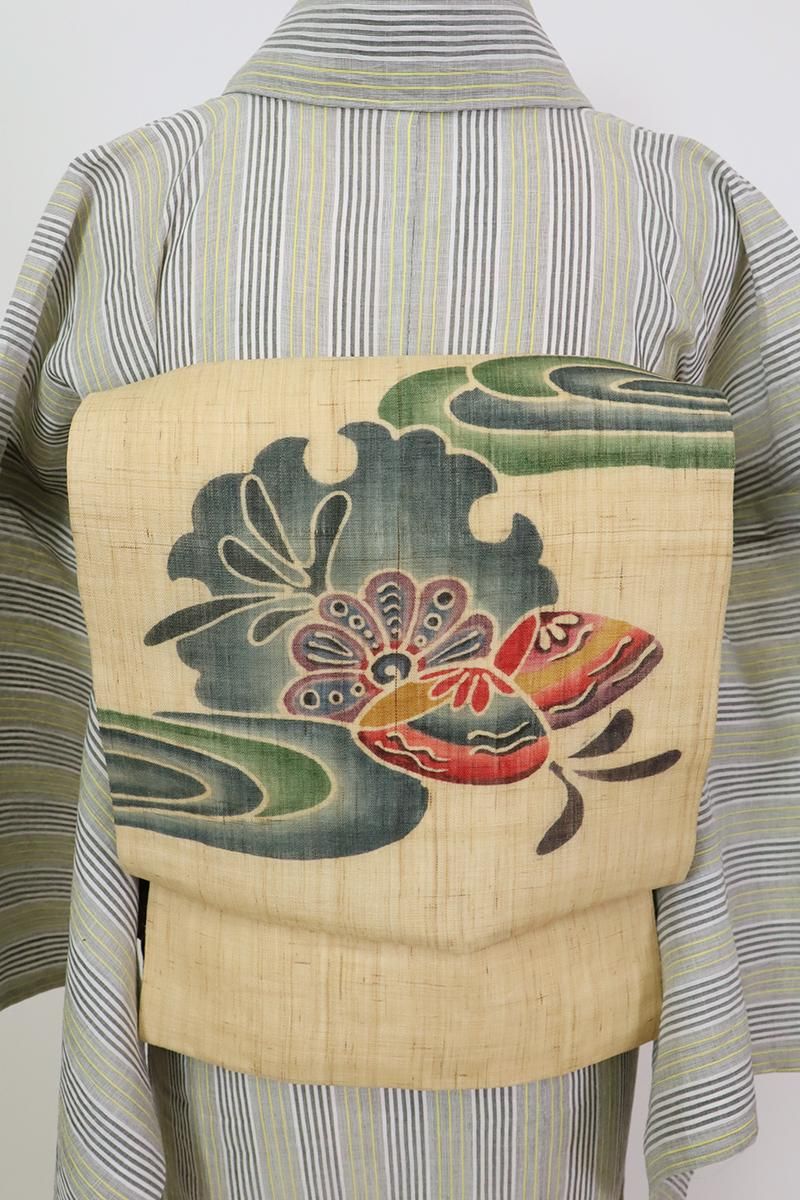 銀座【K-8901】麻地 型染 名古屋帯 飴色 雪輪に貝の図 - 銀座