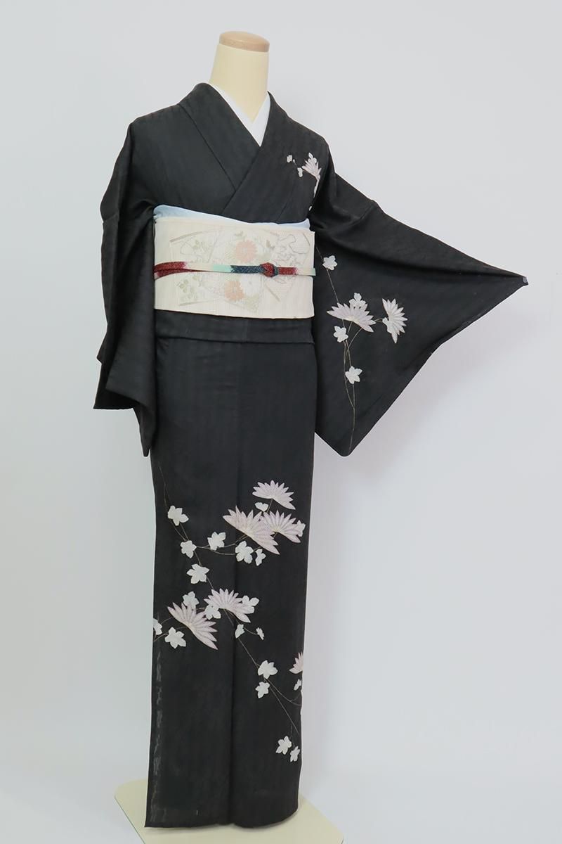 正絹　紋紗　立涌紋　いしき宛　身丈156.5㎝　ふくよかサイズ　涼しげブラック 正絹 紋紗 立涌紋 いしき宛 身丈156.5㎝ ふくよかサイズ 涼しげブラック