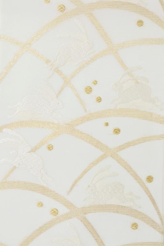 銀座【L-6728】西陣 河合美術織物製 絽 袋帯 象牙色 露芝に兎の