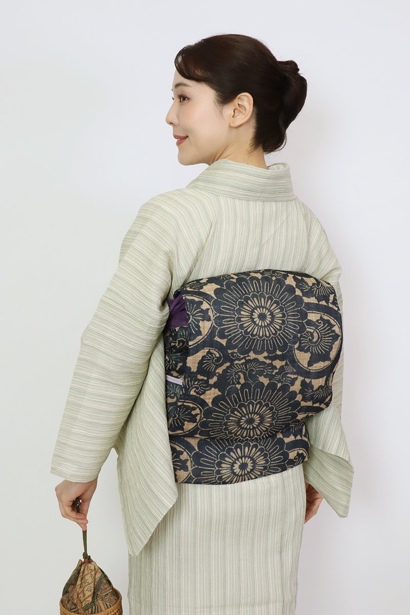 O-2200 O-2082 夏帯 袋帯 絽 菊 萩 紅葉 金糸 青磁色 - 着物