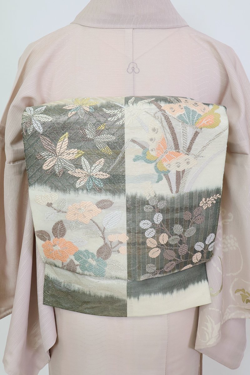 銀座【L-6736】西陣 泰生織物製 紗 袋帯 象牙色×蝋色 市松暈かしに蝶や萩など（落款入）