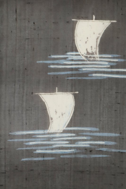 銀座【K-8952】紗紬地 染名古屋帯 黒橡色 帆掛け船の図（落款入