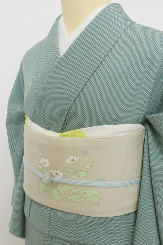 銀座【K-8969】絽塩瀬 染名古屋帯 白橡色 秋明菊の図 - 銀座