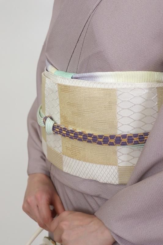 銀座【L-6743】西陣 都製 袋帯 白色×金色 変わり市松文 （西陣証紙付