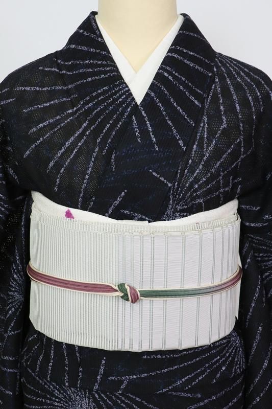 銀座【K-8983】絽綴れ 八寸織名古屋帯 灰黄緑色 横段 - 銀座