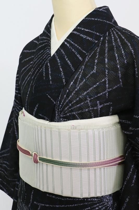 銀座【K-8983】絽綴れ 八寸織名古屋帯 灰黄緑色 横段 - 銀座