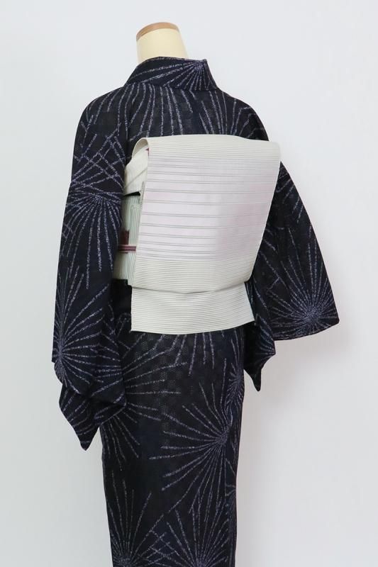 銀座【K-8983】絽綴れ 八寸織名古屋帯 灰黄緑色 横段 - 銀座