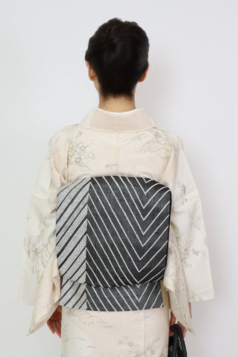 紬地にスワトウ刺繍の袋帯　着物　洒落帯　113wサイズ長さ約444幅31