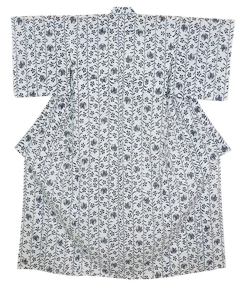 銀座【D-3282】(L・細め)竺仙製 綿絽 浴衣 白色 柳に梅鉢など 銀座【D-3282】(L・細め)竺仙製 綿絽 浴衣 白色 柳に梅鉢など