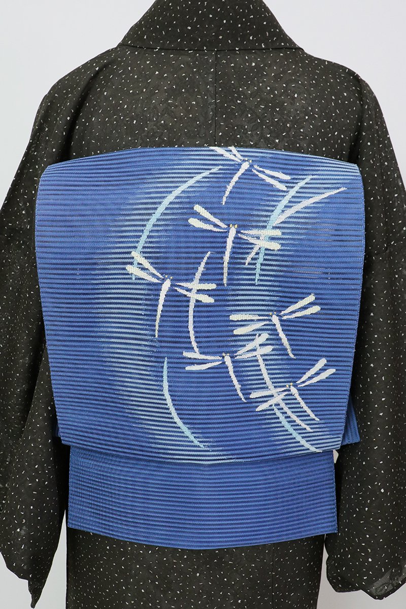 銀座【K-9057】西陣 都製 二部式 絽綴れ 織名古屋帯 青藍色 蜻蛉の図（反端付）