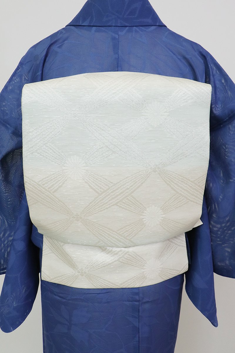 あおき【K-9069】絽 織名古屋帯 象牙色×白藍色 横段に花格子（N