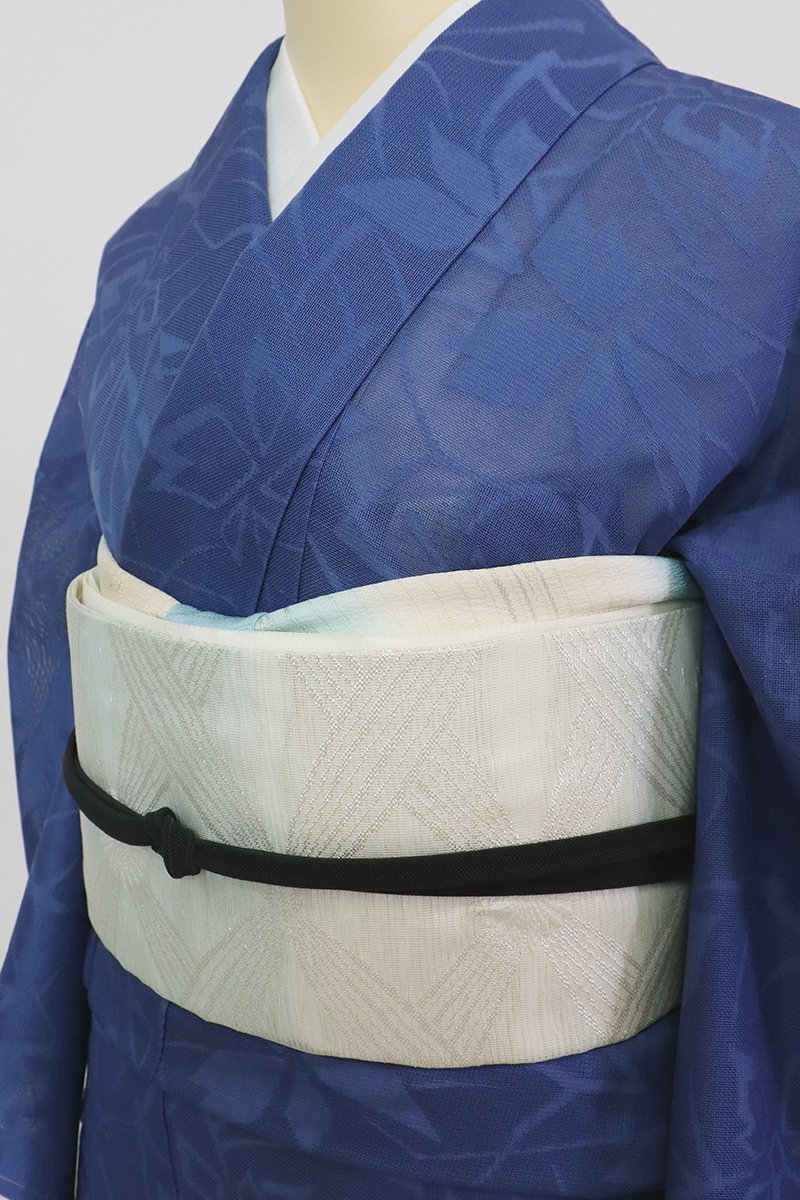 銀座【K-9069】絽 織名古屋帯 象牙色×白藍色 横段に花格子（N） - 銀座 