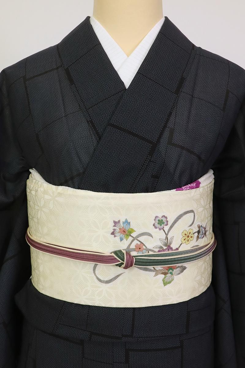 銀座【K-9077】岡重製 染名古屋帯 鳥の子色 更紗花文（反端付）（単衣