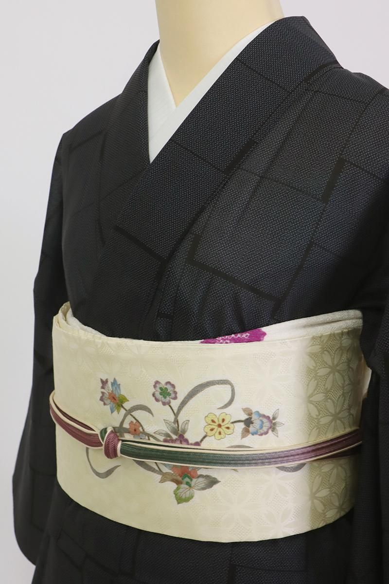 銀座【K-9077】岡重製 染名古屋帯 鳥の子色 更紗花文（反端付