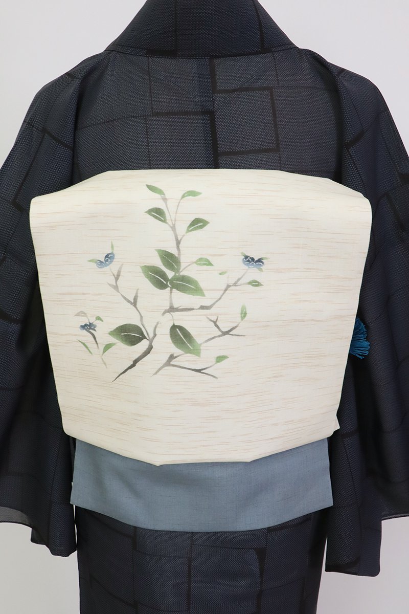 あおき【K-9078】麻地 型染 名古屋帯 練色 枝花の図
