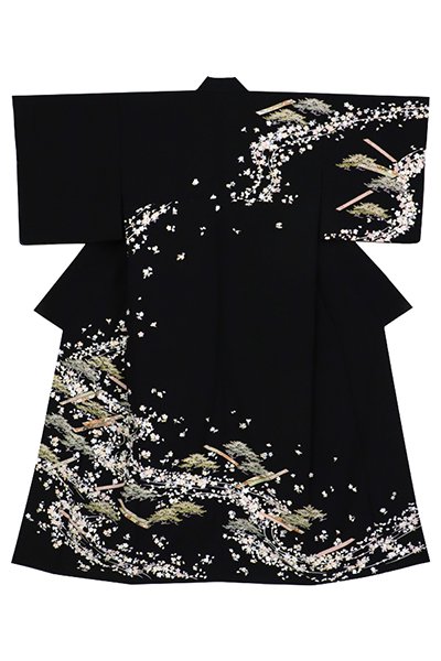 銀座【着物3889】単衣 訪問着 黒色 桜に菊花の図 