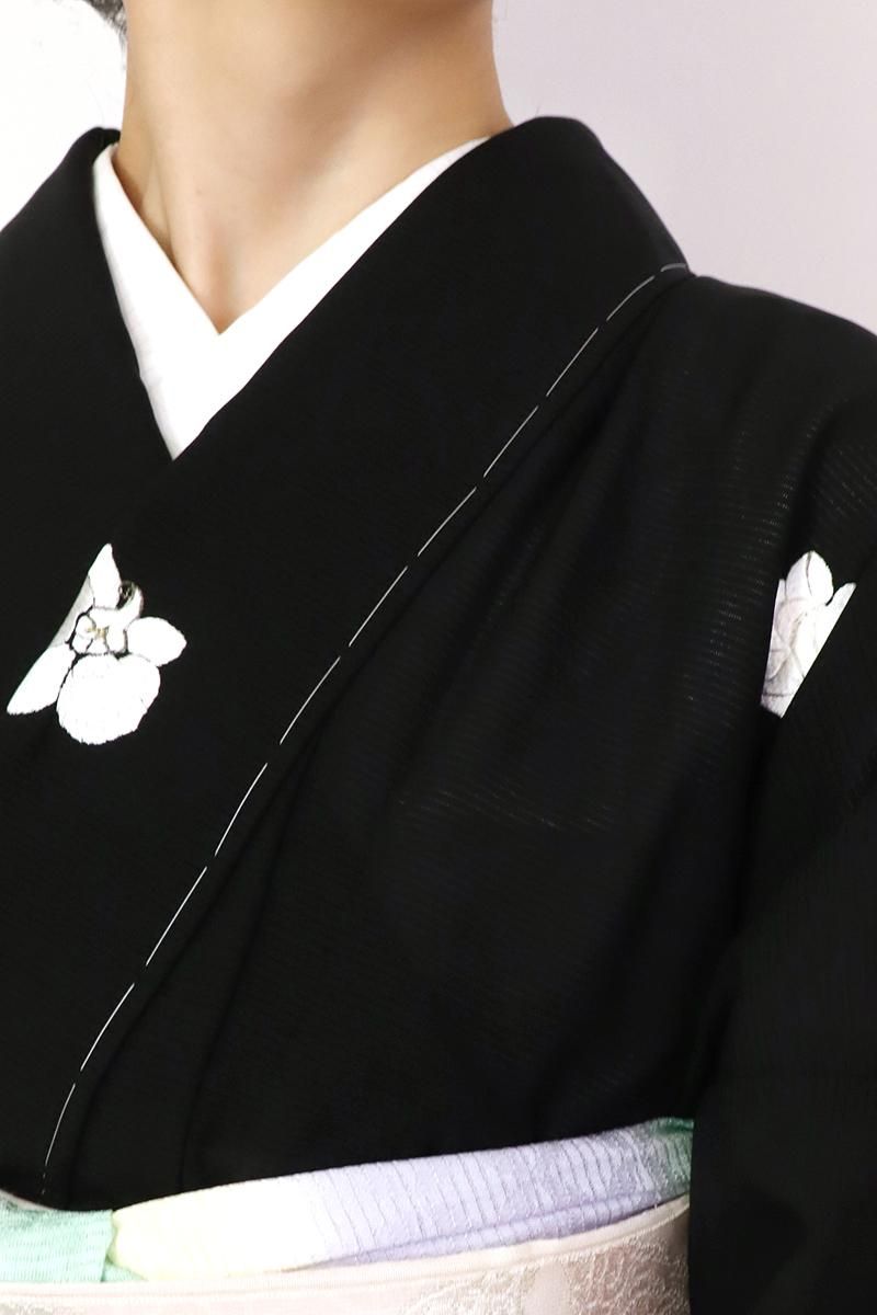 銀座【D-3294】（L）絽 刺繍 小紋 黒色 胡蝶蘭の図 - 銀座