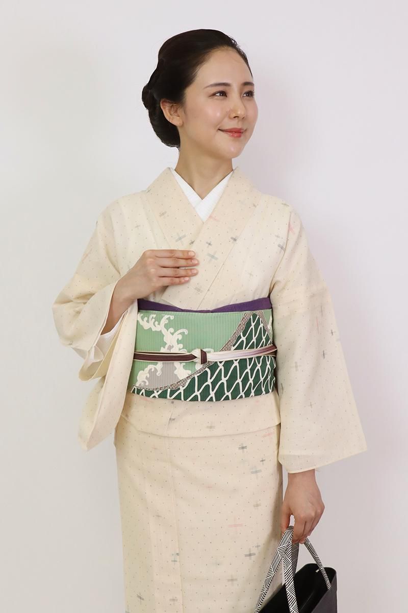 銀座【K-9066】絽塩瀬 開き染名古屋帯 柳染色 波に網干の図（落款入