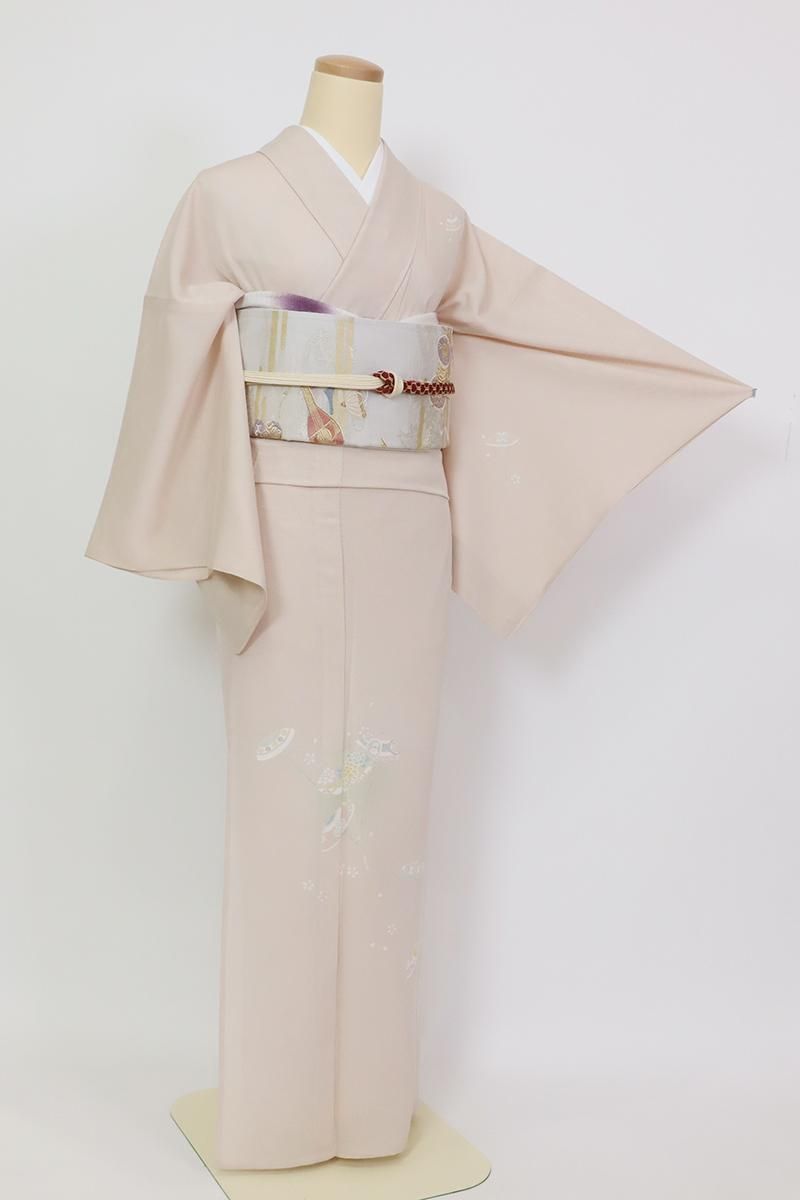 付下げ着物 （紹巴織） 裄長】訪問着 袷 しだれ桜に扇 観世水文織出し 絞り 金彩 刺繍