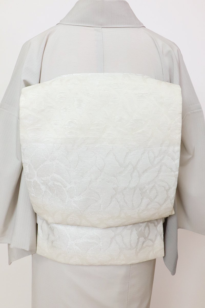 銀座【K-9137】西陣 川島織物製 絽 京袋帯 象牙色 横段に抽象文（落款入）