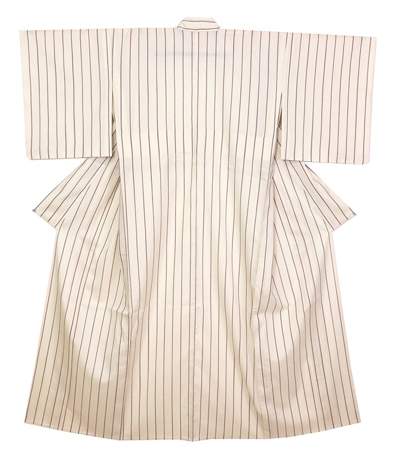 銀座【A-3852】樋口織工藝社製 単衣 絹縮 練色 竪縞（反端付） - 銀座 
