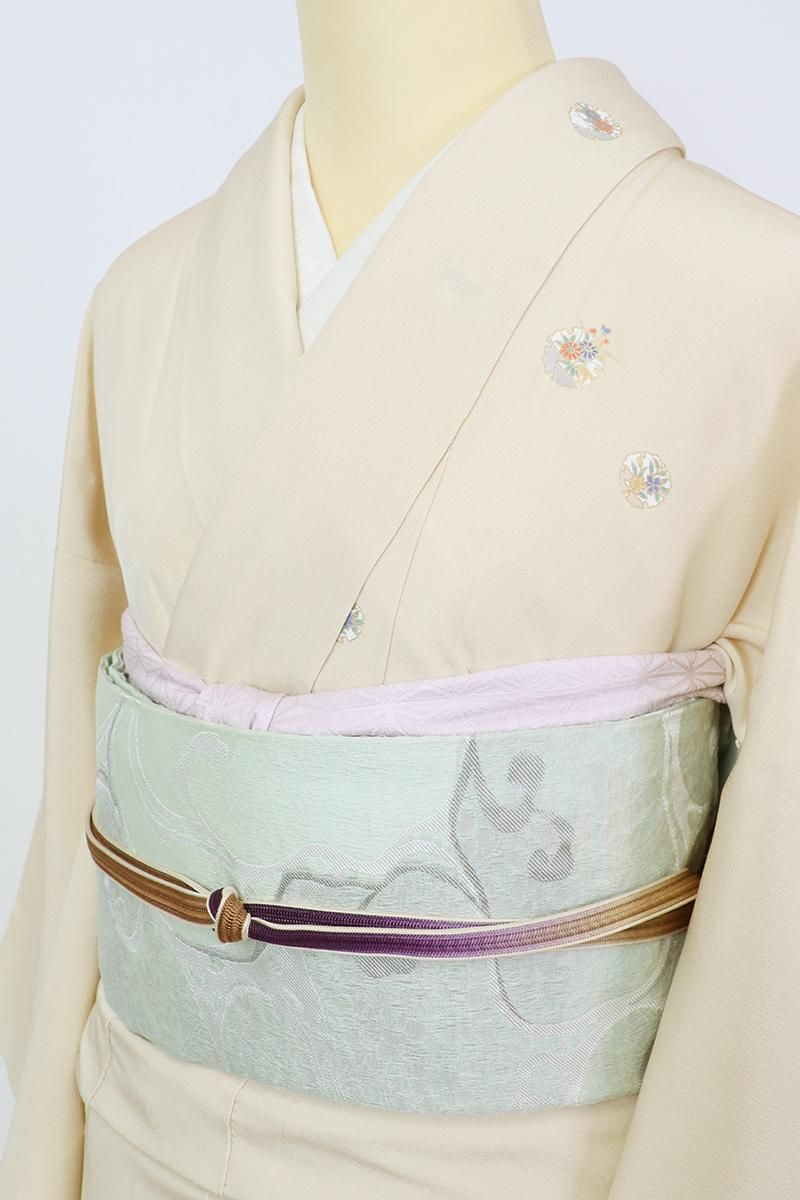 銀座【K-9141】千地泰弘 夏 織名古屋帯 白緑色 光琳水（落款入