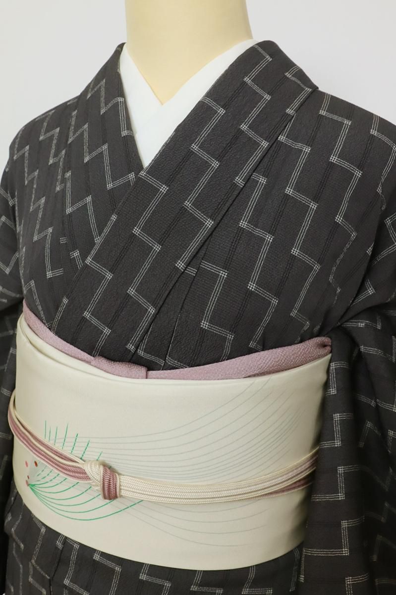 いおはた　絹織物/単衣 単衣】ゆとりサイズ 白緑色地 変わり格子 草木下染お召 | 大山