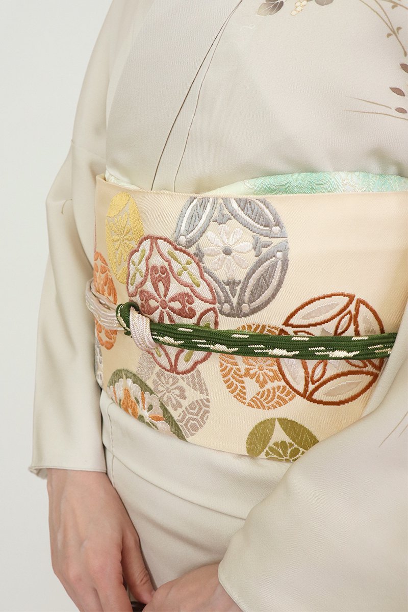 銀座【L-6907】西陣 川島織物製 本袋帯 練色 有職丸文（落款入・三越