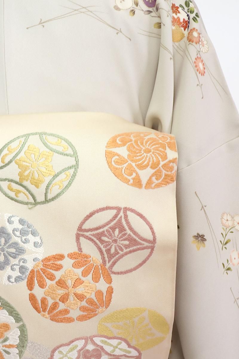 銀座【L-6907】西陣 川島織物製 本袋帯 練色 有職丸文（落款入・三越