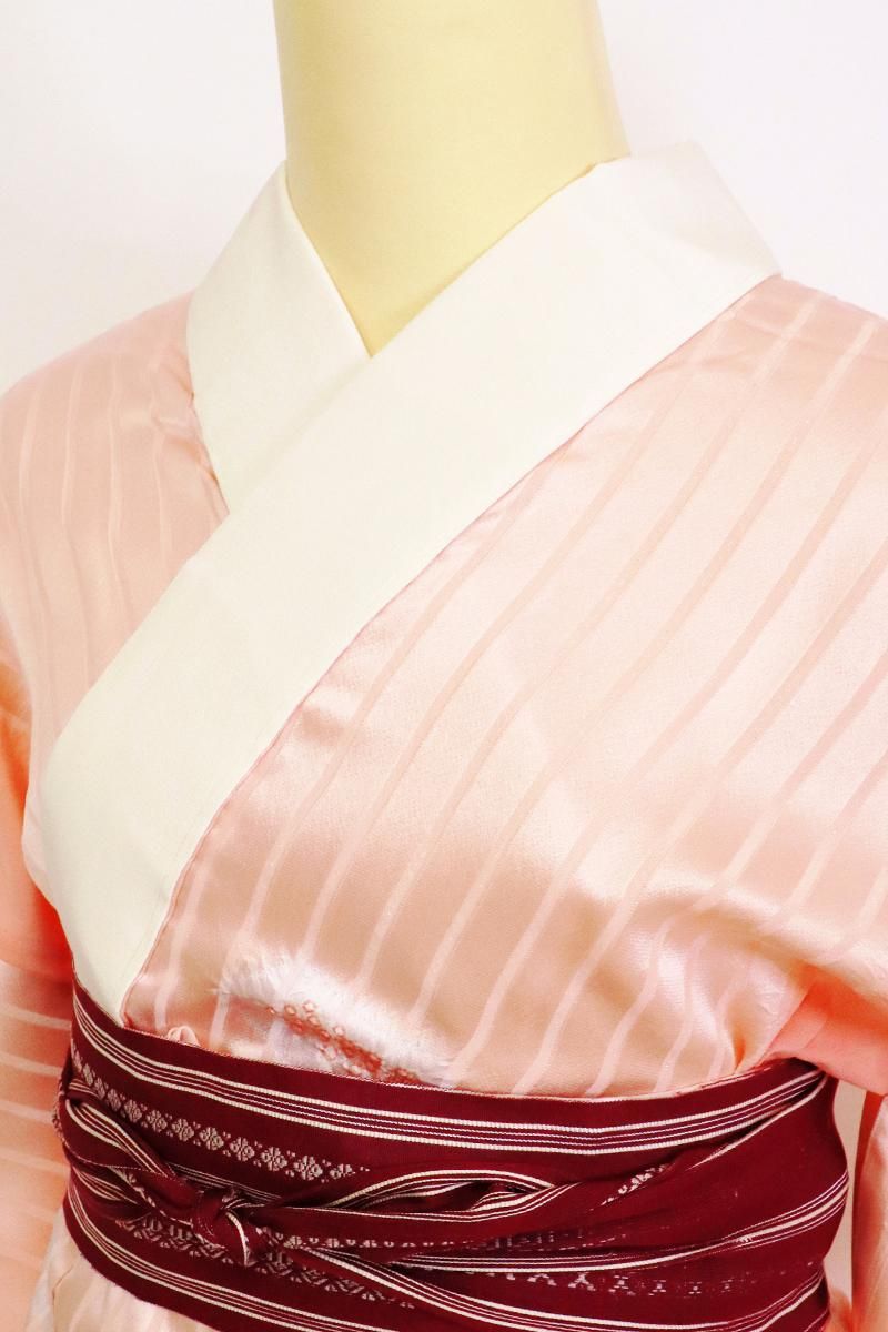 銀座【F-599】二部式長襦袢 薄紅色×珊瑚色 縞に絞り（松屋扱い