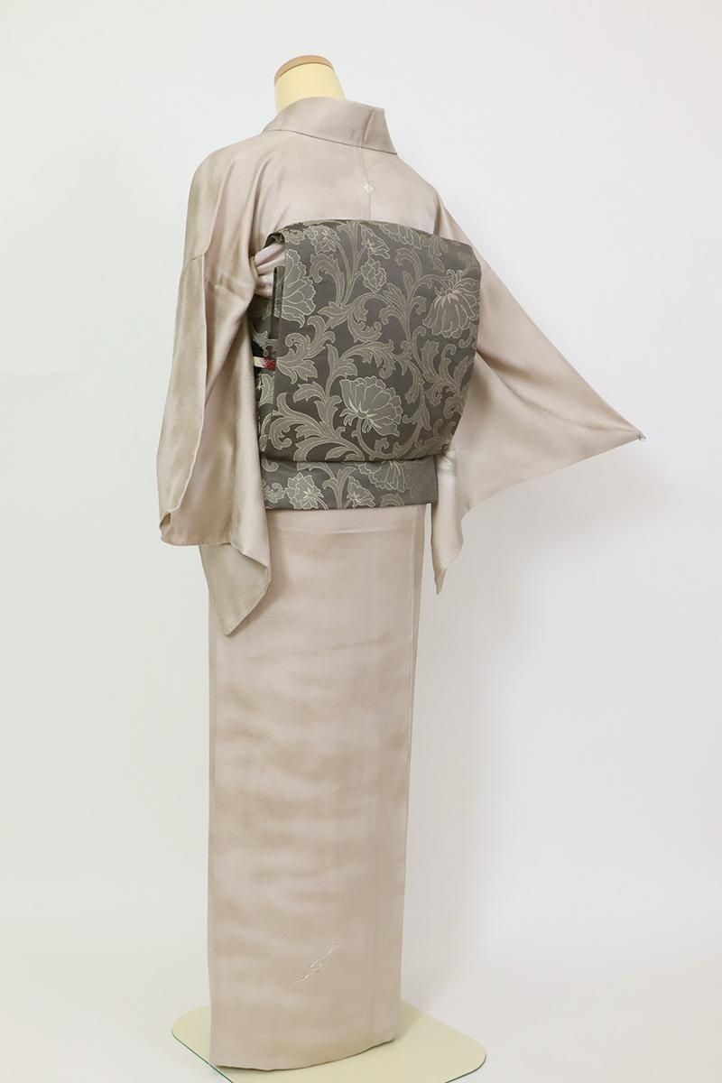 銀座【B-3524】（L）染一ッ紋 単衣 付下げ 梅鼠色 流水文（反端