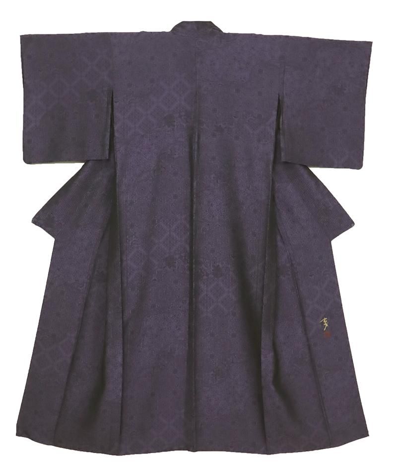 銀座【D-3329】（広め）単衣 小紋 深紫色 装飾文（落款入