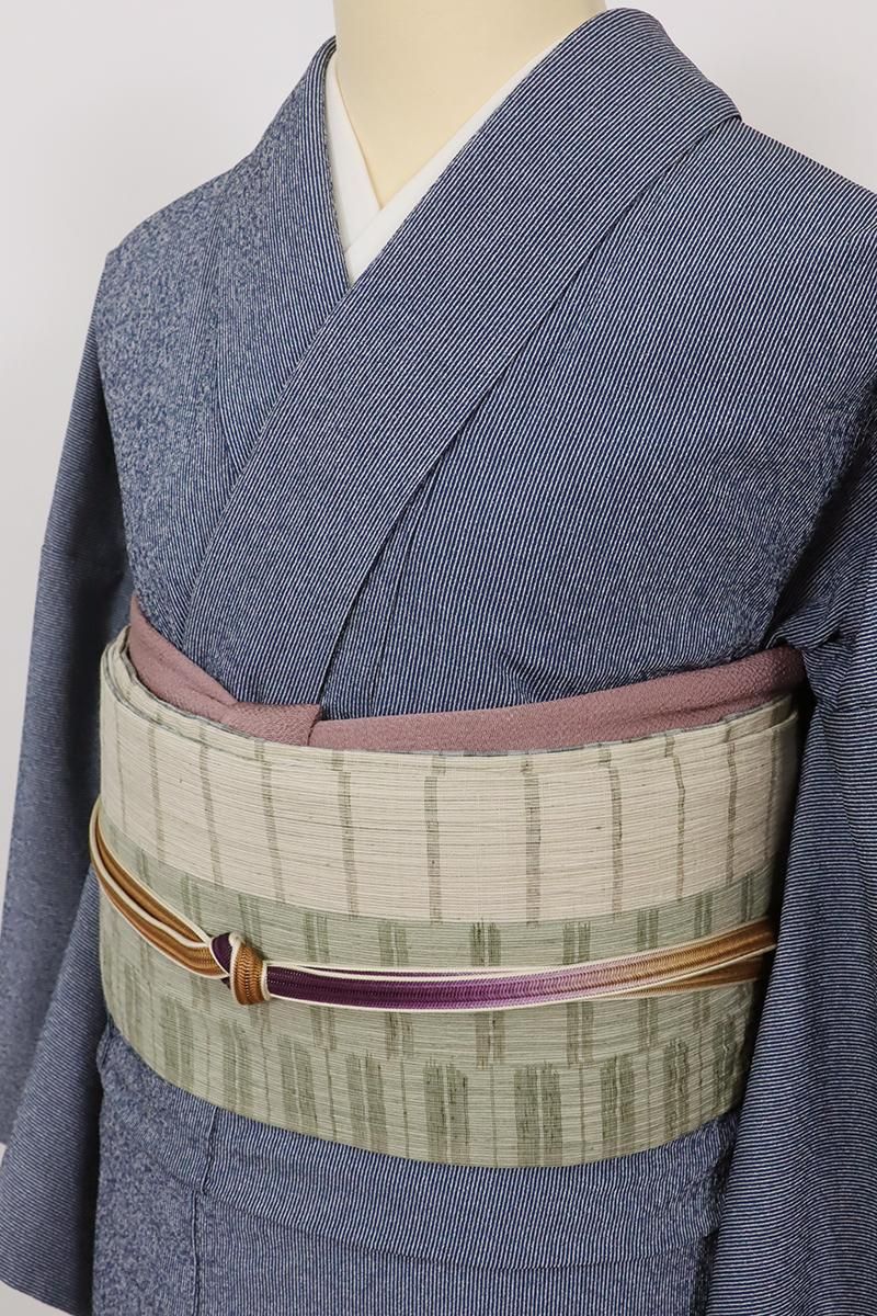 着物帯 銀座【K-9207】紬地 織名古屋帯 亜麻色×利休色×藍鼠色 竪縞に