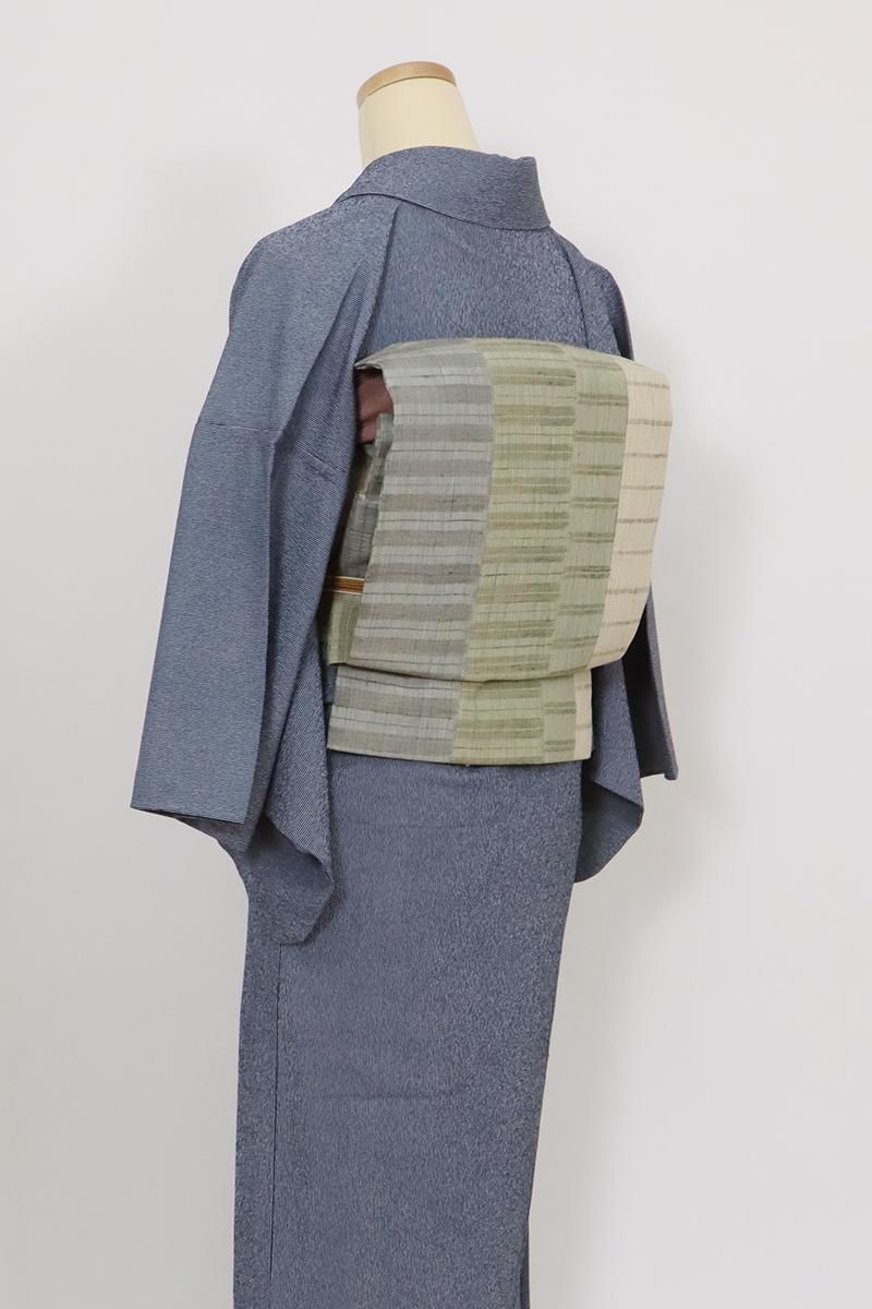 銀座【K-9207】紬地 織名古屋帯 亜麻色×利休色×藍鼠色 竪縞に幾何文