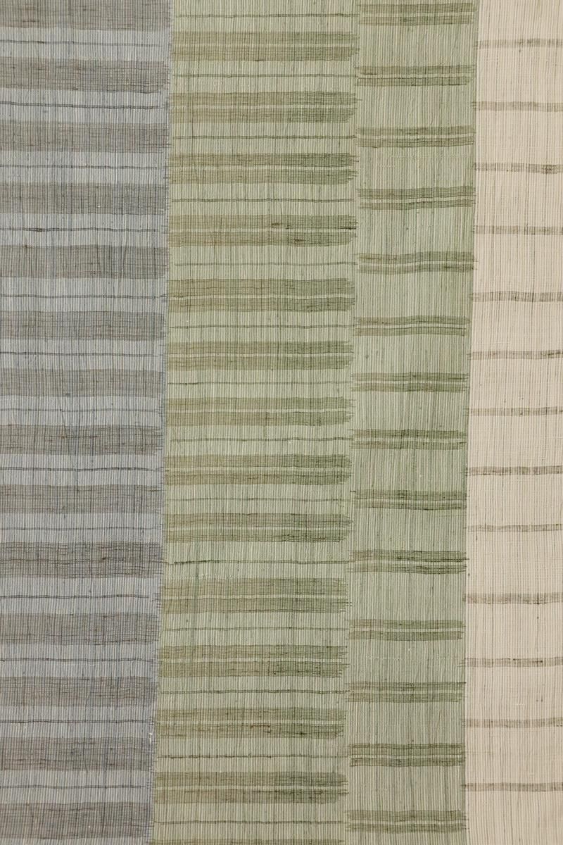 銀座【K-9207】紬地 織名古屋帯 亜麻色×利休色×藍鼠色 竪縞に幾何文