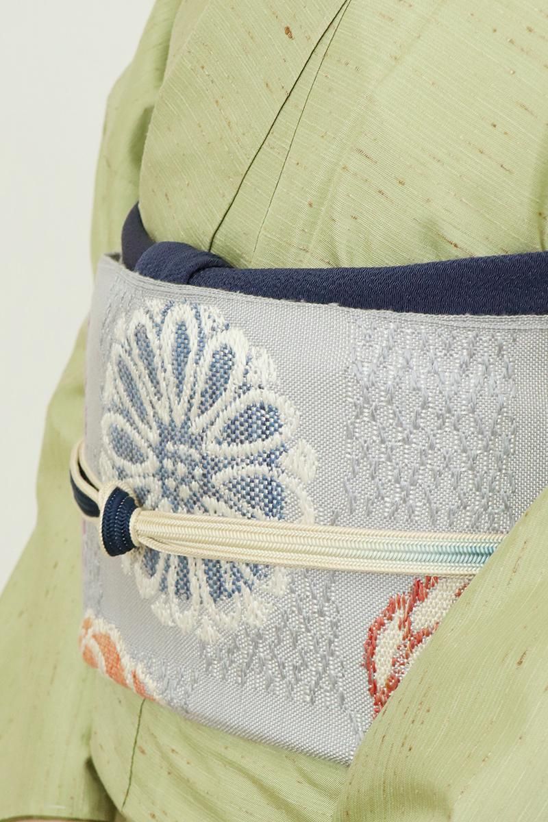 銀座【K-9178】西陣 帯屋捨松製 八寸織名古屋帯 灰青色 花の舞