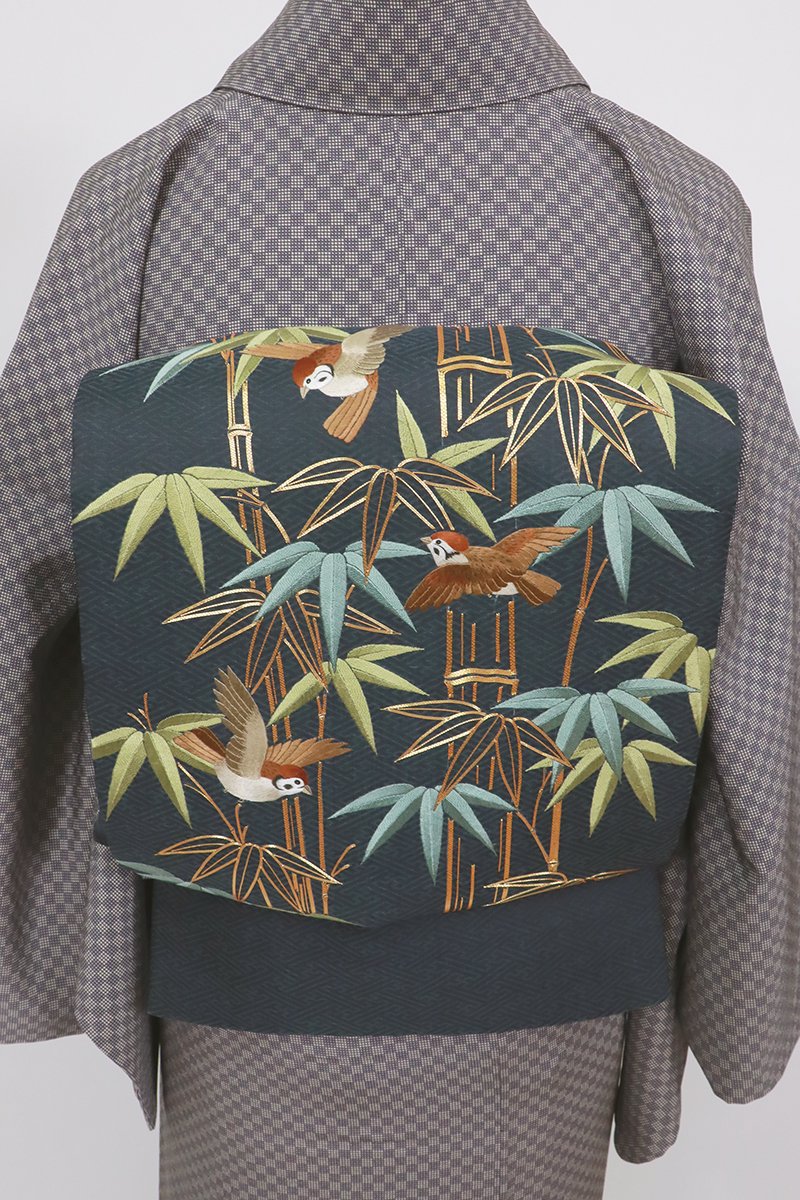 銀座【L-6960】刺繍 袋帯 青褐色 竹に雀の図