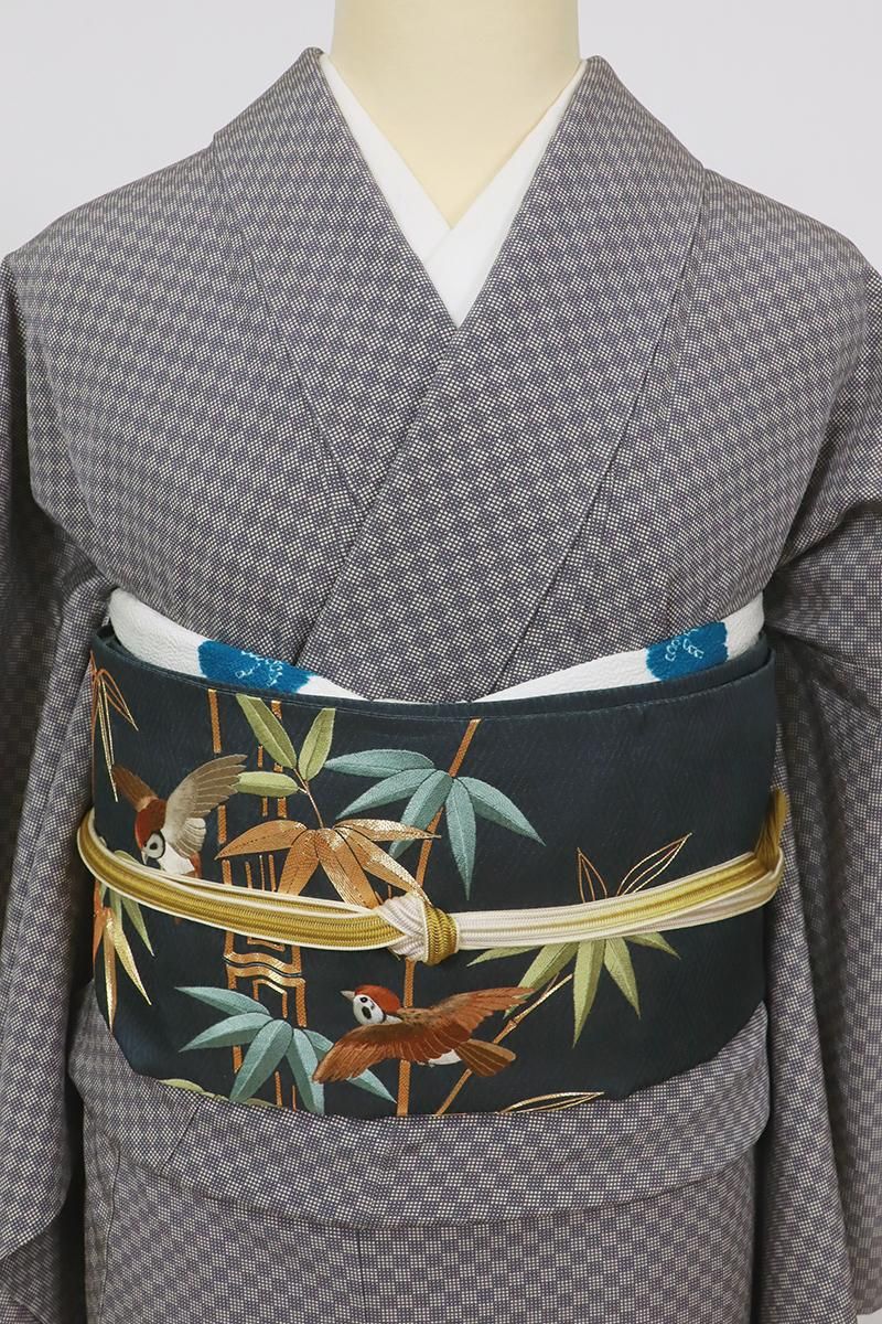 銀座【L-6960】刺繍 袋帯 青褐色 竹に雀の図 - 銀座きもの青木