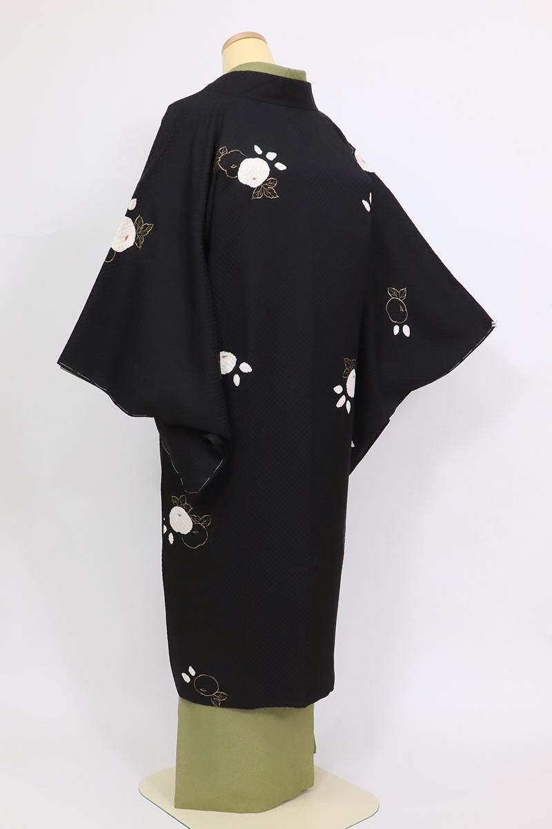 銀座【E-1815】絞り染め 道中着 黒色 万寿菊の図（反端付） - 銀座
