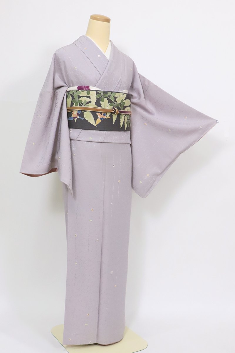 銀座【D-3362】蘇州刺繍 小紋 白藤色 桜の図（反端付）