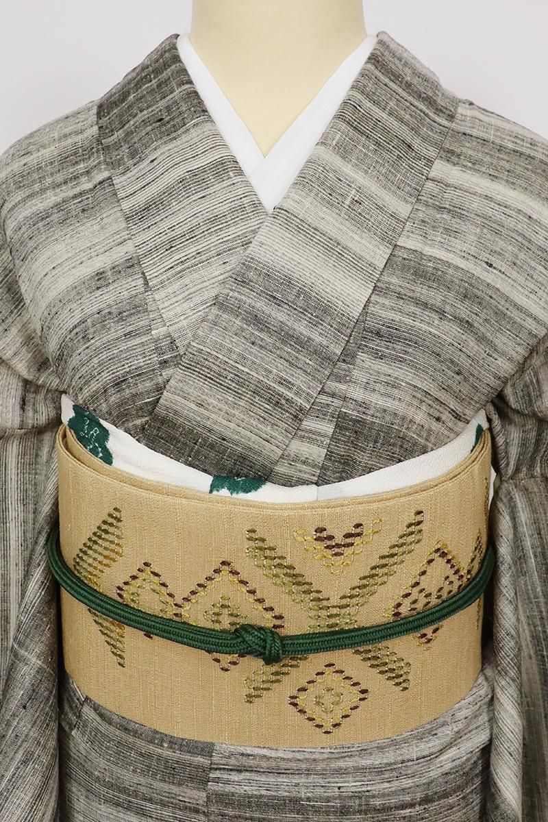 Os135 裂織　名古屋帯 銀座【K-9335】琉球花織 紬地 名古屋帯 飴色 幾何文 - 銀座