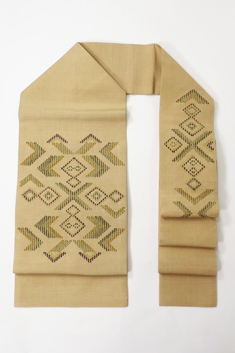 銀座【K-9335】琉球花織 紬地 名古屋帯 飴色 幾何文 - 銀座