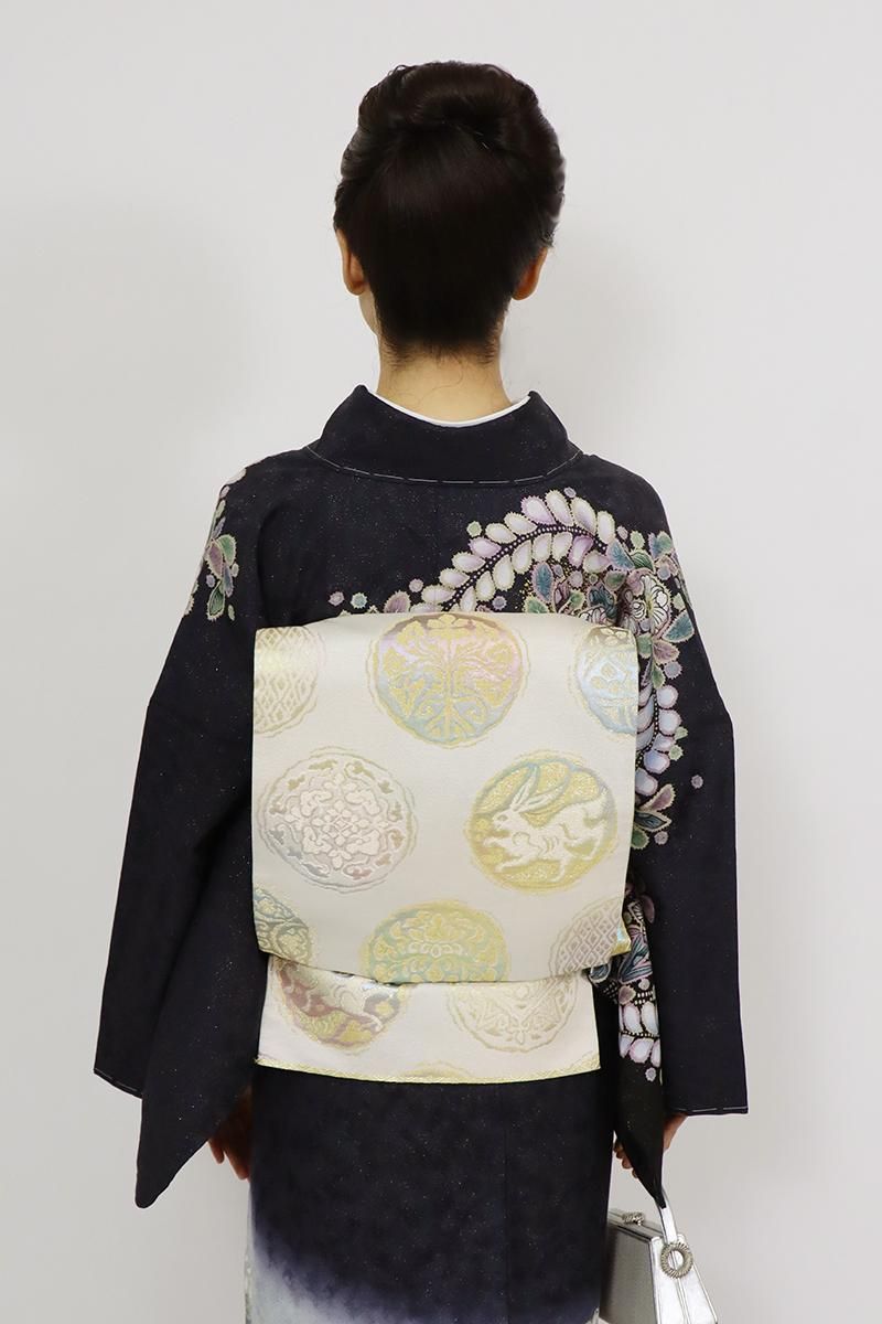 ☆＊綾木＊プロフ必読☆☆オルゴナイト☆布袋様☆ 銀座【L-8456】袋帯 乳白色 多彩な花菱文 - 銀座きもの青木